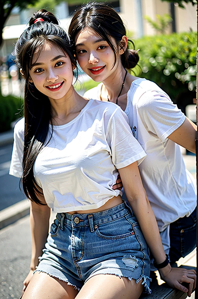 On a date, denim shorts, white T-shirt, smiling, black hair up 