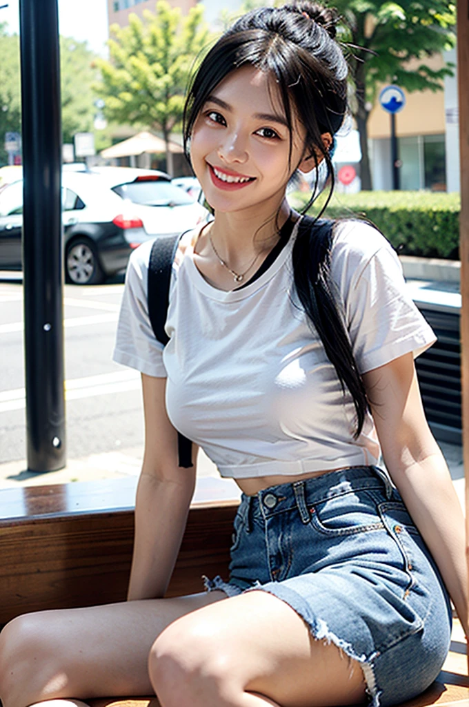 On a date, denim shorts, white T-shirt, smiling, black hair up
