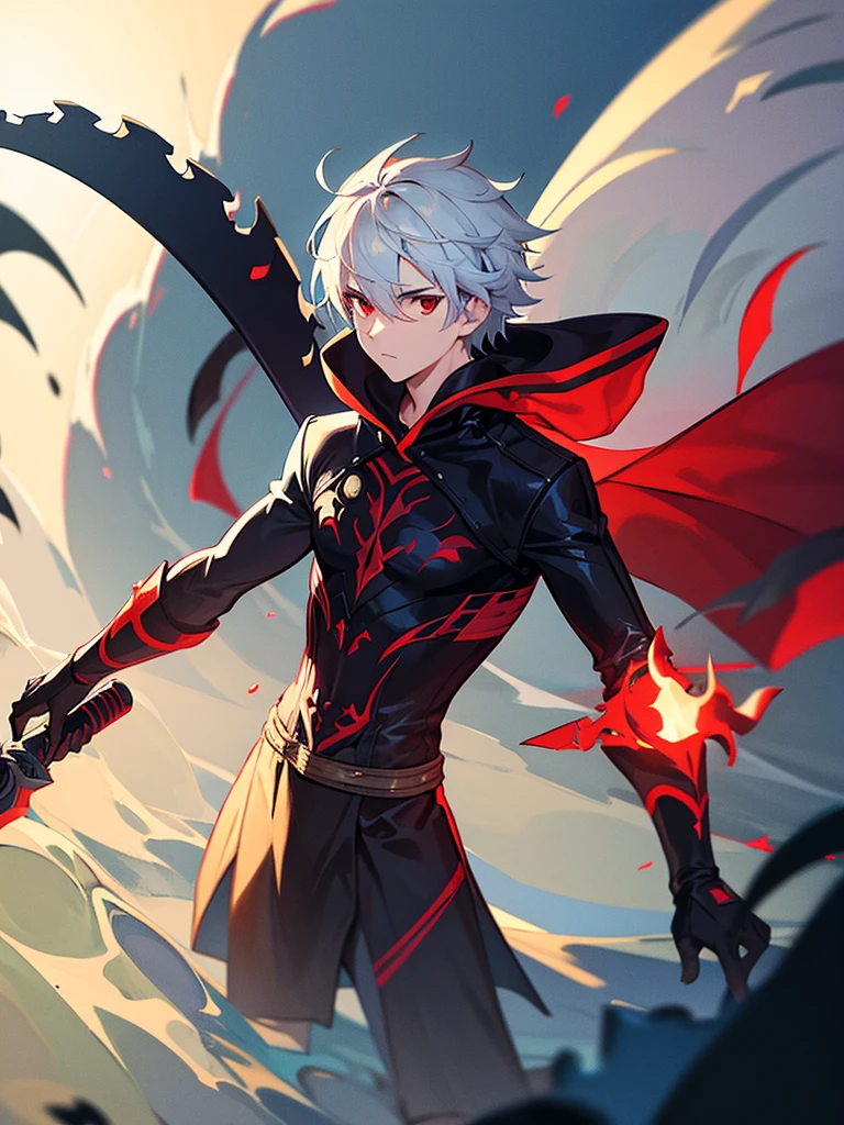 A front of a young man with short white hair, red eyes, masculine face. Wearing a black cloack with blue details. He is standing, looking to the side. On a center of a rpg scenario. Dungeons and Dragons art direction, studio ghibli Style