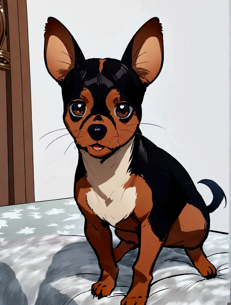 (The whole body is brown, black and white:1.8),Brown Miniature Pinscher,on a sofa,looking at the camera,(shake your head:1.5),It looks like a lot of fun,biologically correct