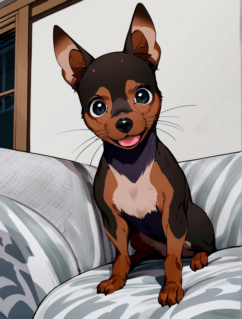 (The whole body is brown, black and white:1.8),Brown Miniature Pinscher,on a sofa,looking at the camera,(shake your head:1.5),It looks like a lot of fun,biologically correct