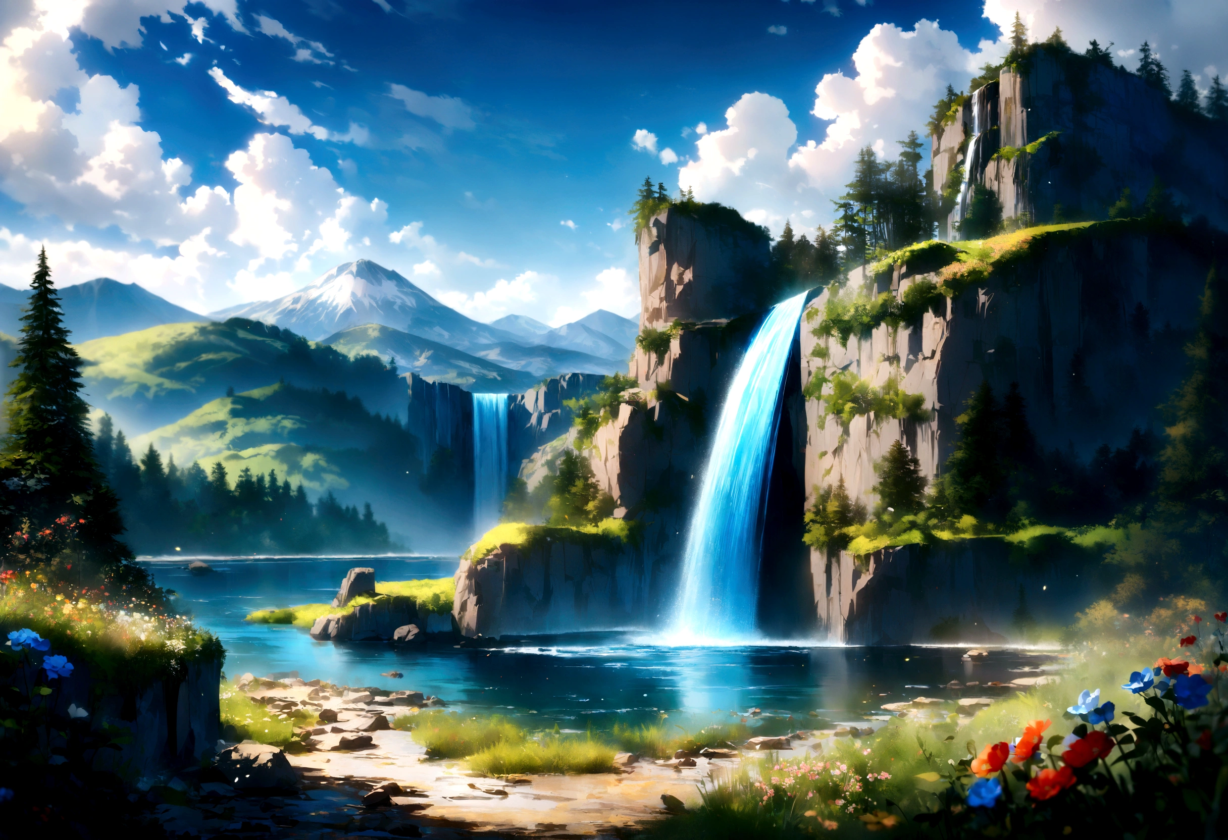 masterpiece, 最high quality, high quality, very detailedな CG ユニティ 8k 壁紙, sight, outdoor, Do not have, cloud, Do not have, There are no humans, mountain, sight, water, wood, blue Do not have, waterfall, cliff, nature, lake, river , cloudy skies, award-winning photography, bokeh, depth of written boundaries, high resolution, flower, chromatic aberration, photorealism, very detailed, Trends in Art Station, trend in CGsociety, complicated, high detail, dramatic, art on the road