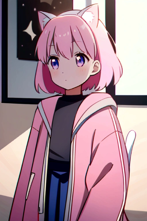 Anime of a girl with pink hair, has cat ears and a cat tail, wearing a pink jacket.