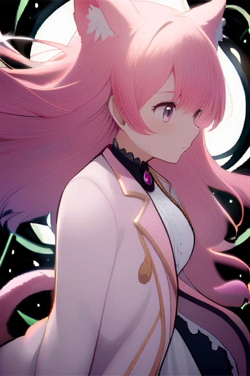 Anime of a girl with pink hair, has cat ears and a cat tail, wearing a pink jacket.
