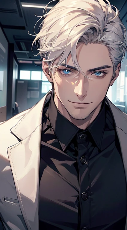 (best quality, masterpiece, 8K, photorealistic, cinematic lighting, hdr image, ultra detailed, beautiful image), 1 man, 31 years old, mature man, very handsome, (without expression, smile), short white hair, blue eyes ( penetrating gaze), perfect face without errors, imposing posture, without errors, businessman, office background