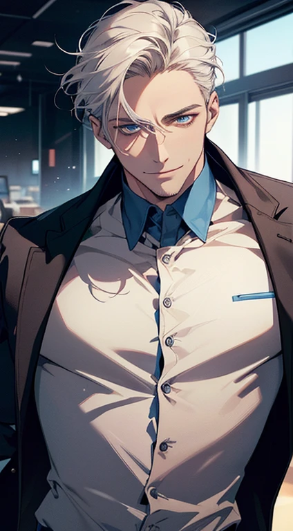 (best quality, masterpiece, 8K, photorealistic, cinematic lighting, hdr image, ultra detailed, beautiful image), 1 man, 31 years old, mature man, very handsome, (without expression, smile), short white hair, blue eyes ( penetrating gaze), perfect face without errors, imposing posture, without errors, businessman, office background