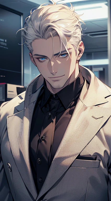 (best quality, masterpiece, 8K, photorealistic, cinematic lighting, hdr image, ultra detailed, beautiful image), 1 man, 31 years old, mature man, very handsome, (without expression, smile), short white hair, blue eyes ( penetrating gaze), perfect face without errors, imposing posture, without errors, businessman, office background