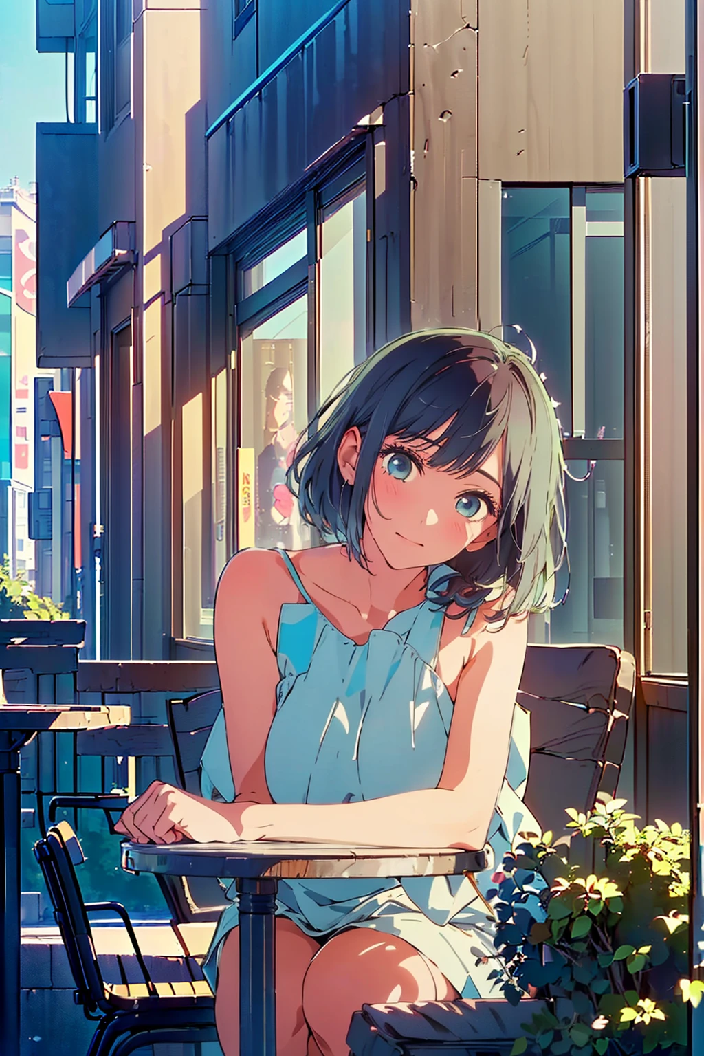 (Highest quality:1.4、masterpiece:1.4、Super detailed:1.4、Ultra-high resolution:1.4、8K:1.4)、Slim body、Big Breasts、((((1 person、Surprised expression、sit、Chair、In the background are the urban buildings of Tokyo、looking at the camera、Outdoor café terrace、juice、Get up close and take a photo、Shooting from an angle、table、Very cute face))))、((((nude、very beautiful areola))))、(Pose with hands tucked behind ears:1.4、Cheek resting on hand:1.4)、(((Take off the camisole)))、Very blue sky、A completely cloudless sky