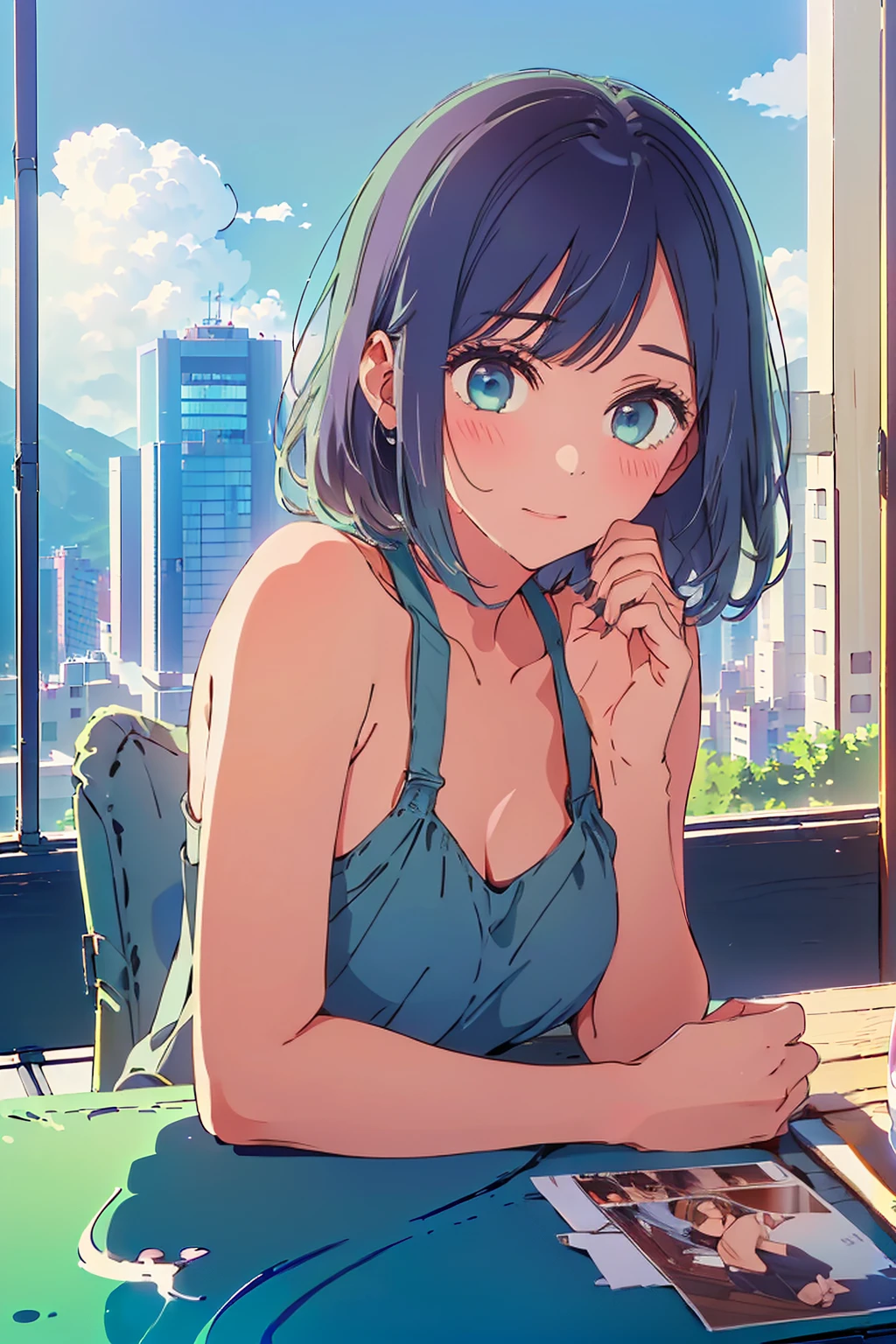 (Highest quality:1.4、masterpiece:1.4、Super detailed:1.4、Ultra-high resolution:1.4、8K:1.4)、Slim body、Big Breasts、((((1 person、Surprised expression、sit、Chair、In the background are the urban buildings of Tokyo、looking at the camera、Outdoor café terrace、juice、Get up close and take a photo、Shooting from an angle、table、Very cute face))))、((((nude、very beautiful areola))))、(Pose with hands tucked behind ears:1.4、Cheek resting on hand:1.4)、(((Take off the camisole)))、Very blue sky、A completely cloudless sky