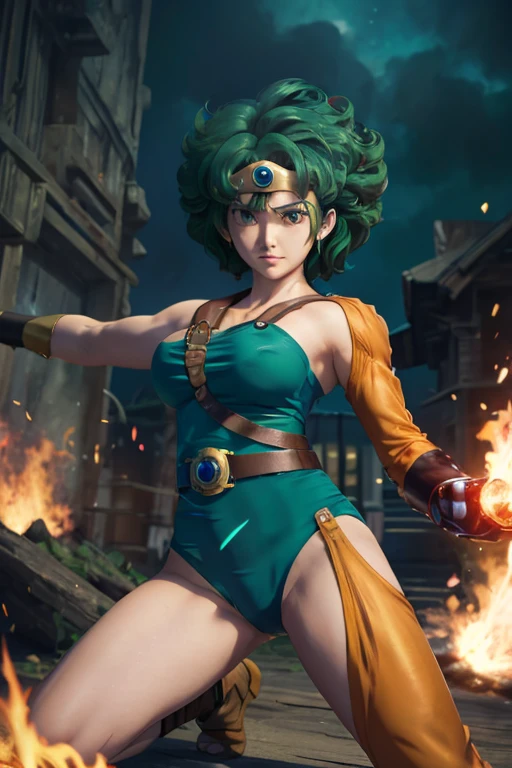 anime artwork  anime artwork masterpiece,best quality, unreal engine, ultra res, extremely detailed
ROUND BREASTS, medium BREASTS
1girl,  waist, slender,(muscular:0.9)
 HEROINE, 
CIRCLET, CURLY HAIR, GREEN HAIR, SHORT HAIR, ASYMMETRICAL CLOTHES, LEOTARD, BELT, SINGLE GLOVE, SINGLE SLEEVE, SINGLE THIGHHIGH
cave, holding sword, . anime style, key visual, vibrant, studio anime,  highly detailed.be enveloped in flames.fall on one's knees.Leotard is worn out.She can barely stand and supports herself with a sword.be on the verge of death.