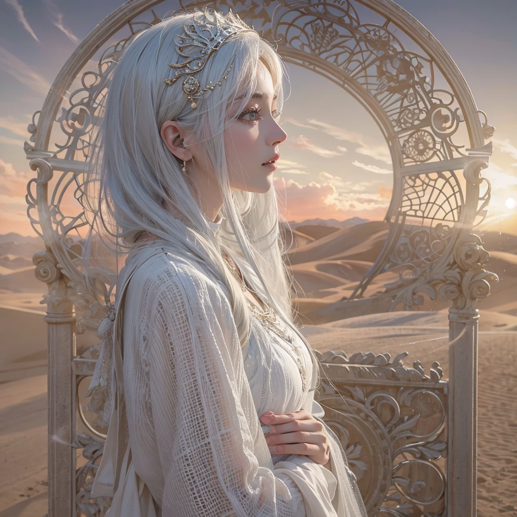 (Highest quality、masterpiece、8K、Best image quality、Ultra-high resolution、Award-winning works)、A beautiful white-haired woman watches over us from afar in the desert...., Where the moonlight shines.、Ancient Islamic clothing、Beautiful face drawn in every detail