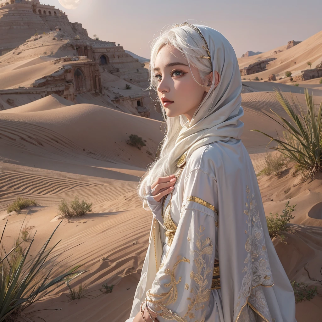 (Highest quality、masterpiece、8K、Best image quality、Ultra-high resolution、Award-winning works)、A beautiful white-haired woman watches over us from afar in the desert...., Where the moonlight shines.、Ancient Islamic clothing、Beautiful face drawn in every detail