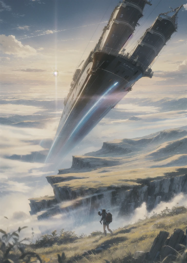 The vast sky, beautiful skyline, large grasslands, extremely tense and dramatic pictures, moving visual effects, the high-hanging Polaris, and colorful natural light. Long-sleeved top, denim shorts, and a girl with a backpack. There is a big ship not far away.