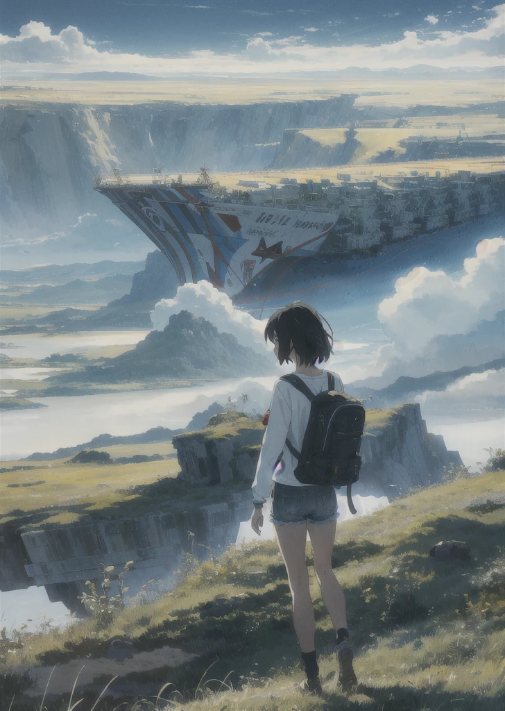 The vast sky, beautiful skyline, large grasslands, extremely tense and dramatic pictures, moving visual effects, the high-hanging Polaris, and colorful natural light. Long-sleeved top, denim shorts, and a girl with a backpack. There is a big ship not far away.