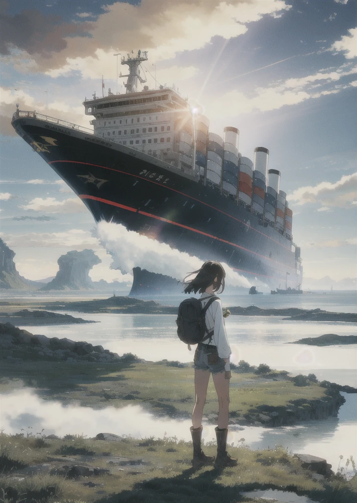 The vast sky, beautiful skyline, large grasslands, extremely tense and dramatic pictures, moving visual effects, the high-hanging Polaris, and colorful natural light. Long-sleeved top, denim shorts, and a girl with a backpack. There is a big ship not far away.