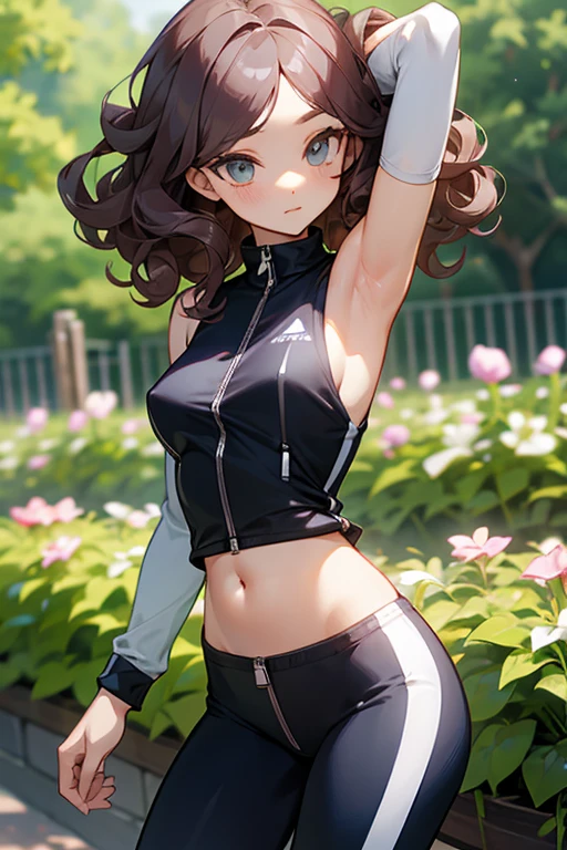 Slender beautiful girl、10th Generation、sleeveless shirt、athlete、Thin fabric tights、Belly button、A tighter zip-up shirt、Tight zip-up tracksuit、Curly Hair、Garden、Drawn eyes、Subtle details、目のハイライト
