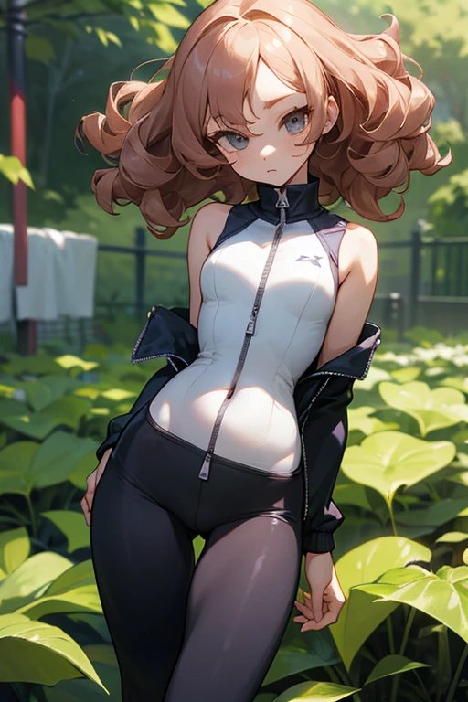 Slender beautiful girl、10th Generation、sleeveless shirt、athlete、Thin fabric tights、Belly button、A tighter zip-up shirt、Tight zip-up tracksuit、Curly Hair、Garden、Drawn eyes、Subtle details、目のハイライト