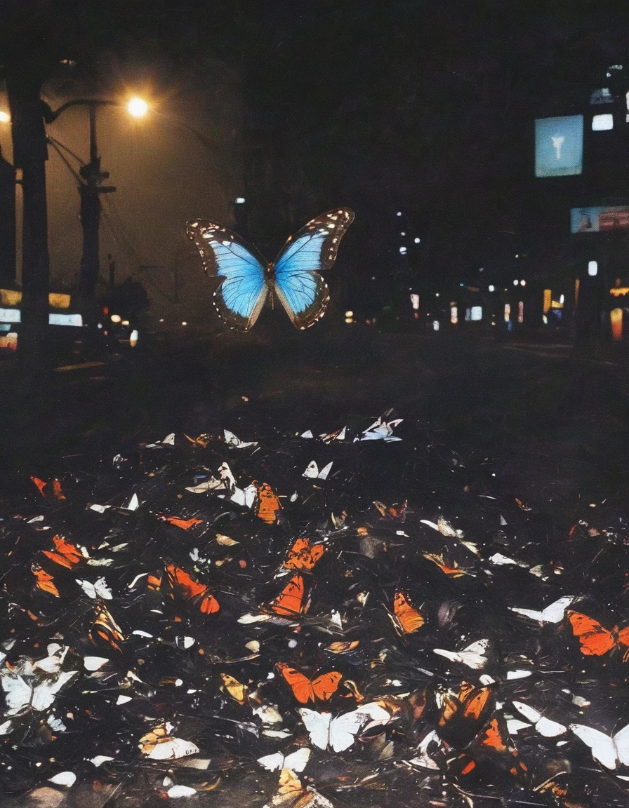 butterfly sits on pile of trash at bangkok street at night