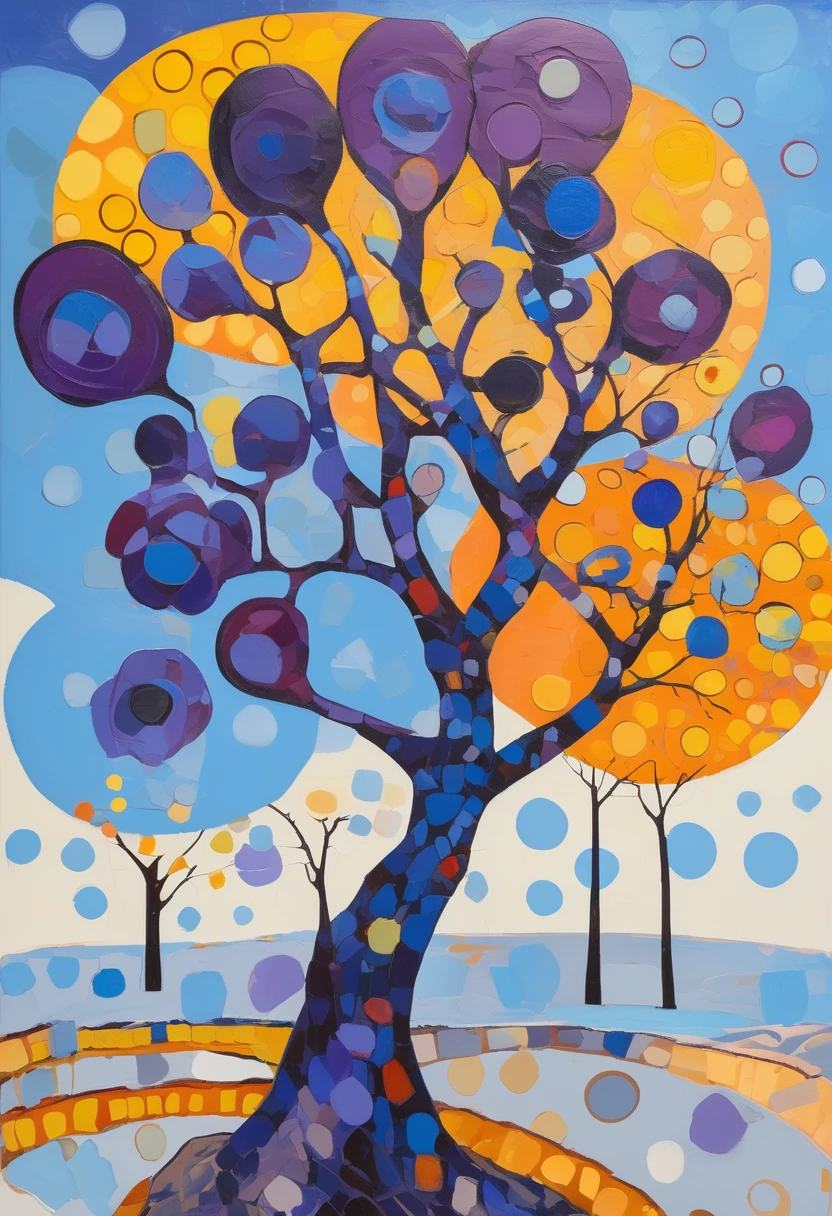 Fauvism style oil painting of a weavy leafy tree with (only yellow leaves) and a violet trunk, on a background of dots of cold colors such as light blue, dark blue, beige, light gray and dark gray; centered tree, full body view 