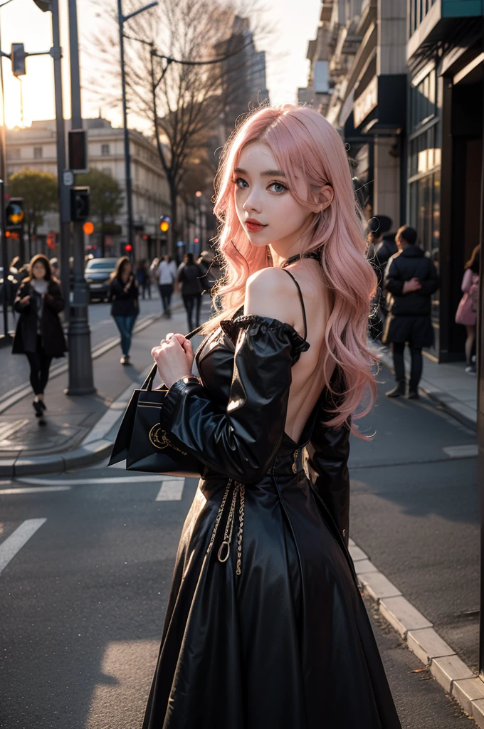 (best qualtiy,8K,tmasterpiece:2,an award winning photograph,Instagram),1 rapariga,light pink colored hair,Realistic facial details,Lip highlight,Flat boots,Black fishnet stockings,Black lace gloves,ellegance,walking at street,ssmile,The streets of Barcelona are in the background,f/16,fully body photo,angle of view