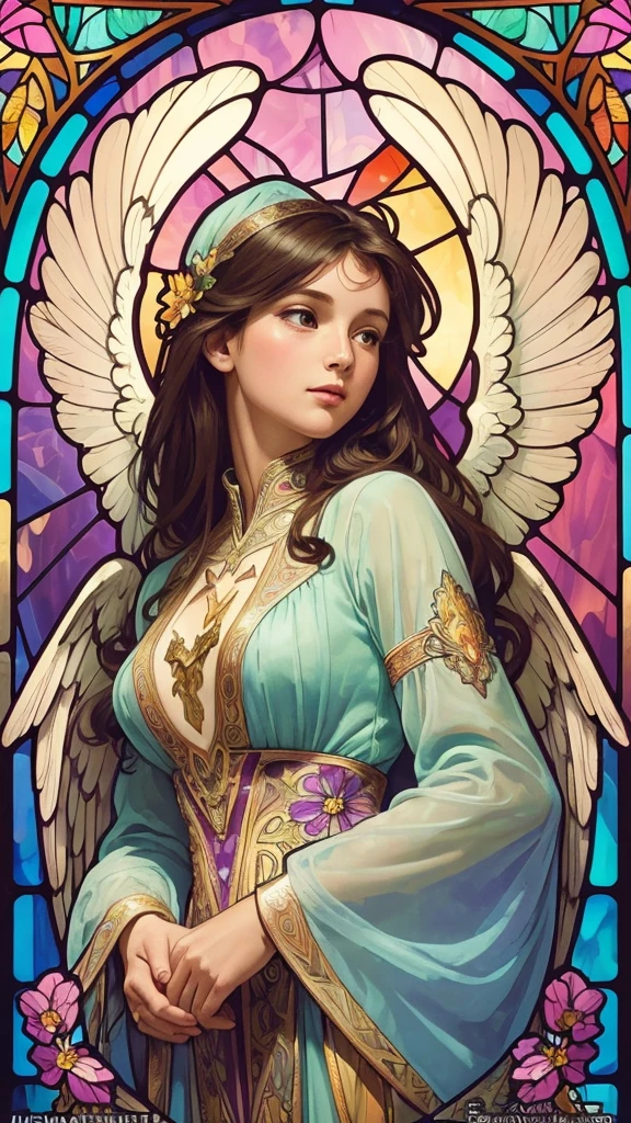 (Highest quality:1.2,Vector art:1.1,Vibrant colors,Stained glass,Beautiful vintage angel woman,A look of determination,(Wide open angel wings:1.1),Facing the Observer,Alphonse Mucha style,Complex floral background,Vibrant colors,Warm Tones,Soft lighting)