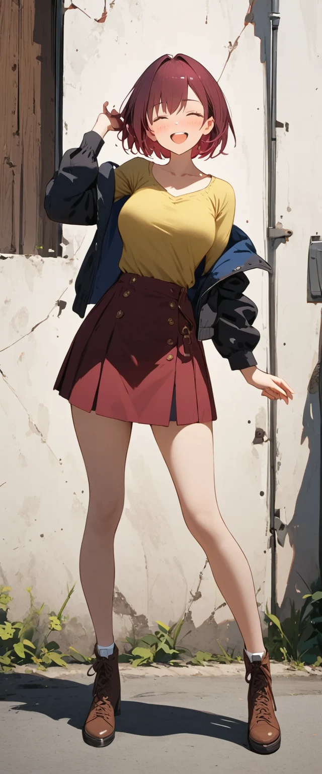 girl, burgundy short hair, ,closed eyes,slender body,black hooded jacket,yellow green blouse,burgundy skirt,standing,facing viewer,contrapposto,full body, laughing