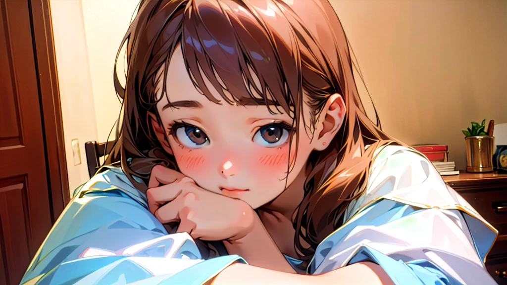 (Highest quality, masterpiece, Ultra-realistic), Beautiful and delicate15Year-old girl portrait, With a calm and gentle expression, The background is the bedroom in my own home.、I am studying hard at my desk.、Holding a pen、Cute clothes、Bust is C cup