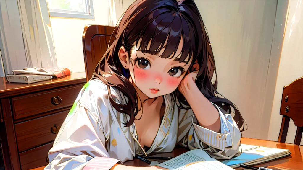 (Highest quality, masterpiece, Ultra-realistic), Beautiful and delicate15Year-old girl portrait, With a calm and gentle expression, The background is the bedroom in my own home.、I am studying hard at my desk.、Holding a pen、Cute clothes、Bust is C cup