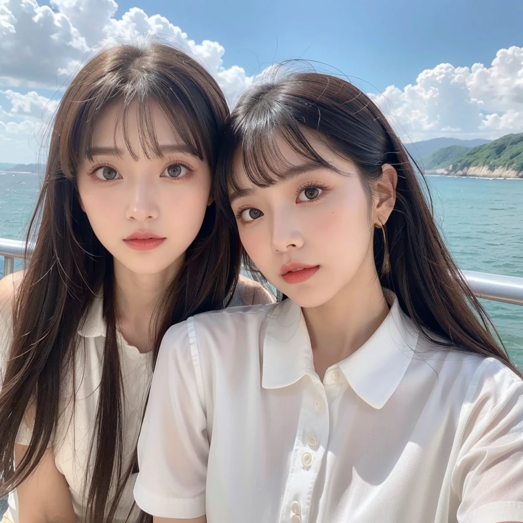 ・A girl with temperament・Delicate facial features・Bangs・Brown ponytail・Messy hair・Hair is very realistic・Wearing a short-sleeved white shirt・The background is sky・Sea view・Du Qiong exquisite makeup・Light red lips・Big eyes・Double eyelids・Black hole・Bright eyes・Symmetrical face・Face is very realistic・Carefully painted girl&#39;s face・Blush・Super high-quality・Looking at the audience・Very realistic skin・Sebum reflection・Artwork・Clothes with real fabric texture・Realistic painting・Cinema style・Photo-level・Ray tracing・Realistic light and shadow effects・Realism・Masterpiece・Like the photo effect above・8K highest quality is full