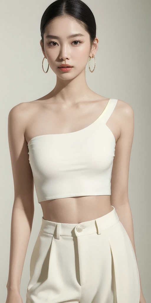 masterpiece, best quality, solo, 1girl, luminous skin, hoop earrings, glamorous, whimsical details, slicked hair, mesmerizing, bare shoulder, crop top, long pants, shallow depth of field, contrapposto, professional model, face front, portrait