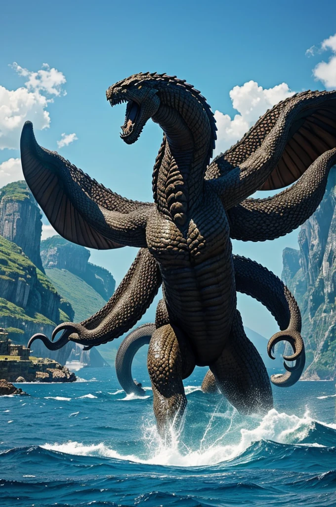 Make a giant colossal hydra with 5 heads and it has arms. The background should be that it's in a sea and it is roaring 