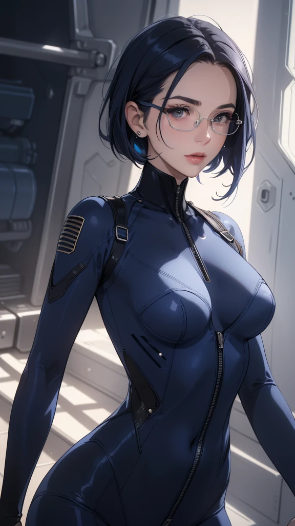 a beautiful young girl with short blue hair, a light smile, brown eyes, hair clips, lips, stud earrings, semi-rimless eyewear, wearing a glossy blue bodysuit, with a large buttocks and large breasts, (best quality,4K,8K,highres,masterpiece:1.2),ultra-detailed,(realistic,photorealistic,photo-realistic:1.37),highly detailed face, extremely detailed eyes and face, long eyelashes, beautiful detailed eyes, beautiful detailed lips, concept art, cinematic lighting, vibrant colors, hyper-realistic,((Navy blue bodysuit))(Glasses)