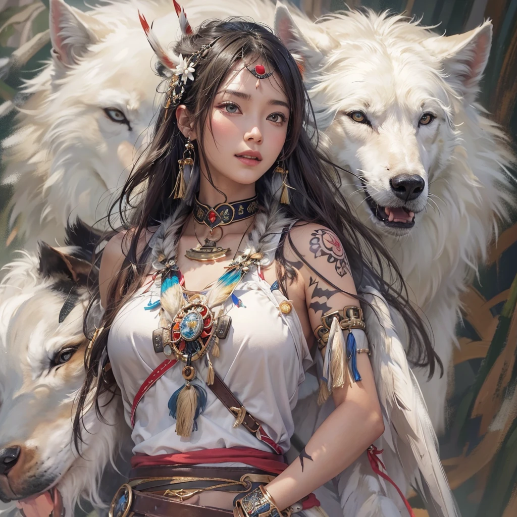 Shirakami-Sanchi、Hair flow、 ((Highest quality、masterpiece、8K、Best image quality、Ultra-high resolution、Award-winning works)、(Accurate anatomy:1.1)、(Look at me and smile:1.1)、Shining fair skin with Ultra-high resolution、The most detailed face、Ultra-high resolution detailed face、Ultra-high resolutionの髪の毛、(Ultra-high resolutionの煌めく瞳:1.1)、Beautiful face drawn in every detail、(Blurred Background:1.1)、Native American white costume, American Indian Clothing, Chest to chest, tattoo、A real giant condor next to you。Observe the white wolf