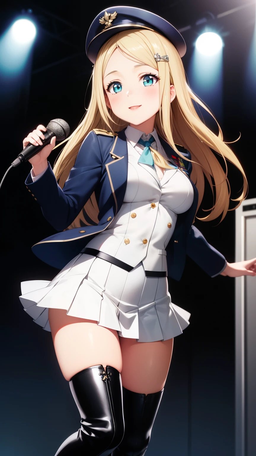 masterpiece, ultra-detailed, illustration, game cg, best quality, highres, kitagawa marin, 1girl, short fluffy blonde hair, swept bangs, gradient hair, red eyes, glossy lips, light smile, blush, stage, microphone, medium breasts, military hat, red miniskirt, tight white closed jacket, red thigh boots