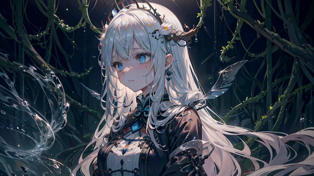 Role-playing style, from_side from_Below is a beautiful but terrifying water girl (Sad expression:1.2) Women and (Long water hair:1.2) from水里出来, Moss, Smoke and vines stir the water, fire Fly, Midnight Moonlight, Backlight (masterpiece:1.2) (Highest quality) (detailed) (complicated) (8K) (Human Development Report) (wallpaper) (Cinema Lighting) (Clear focus)