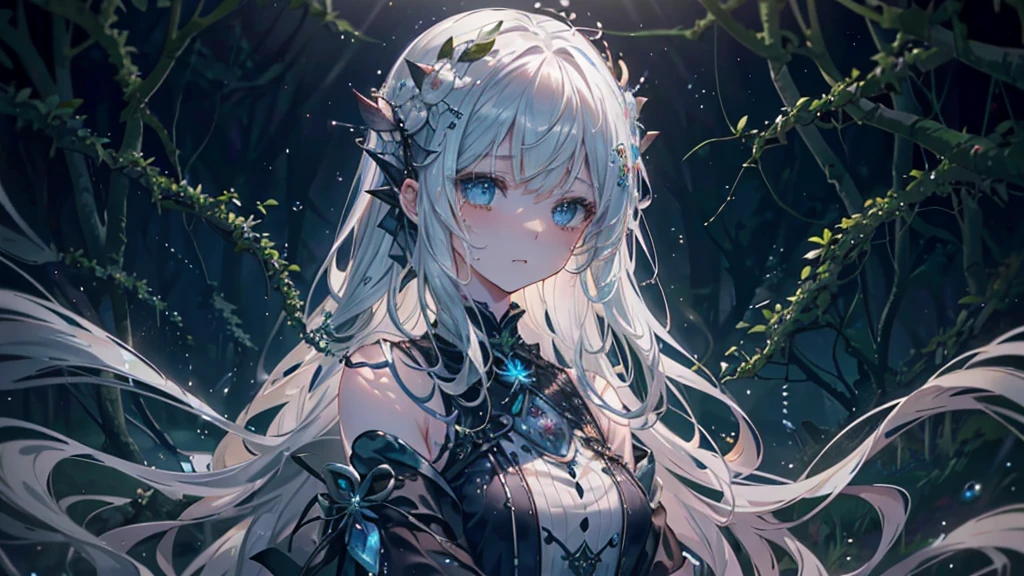 Role-playing style, from_side from_Below is a beautiful but terrifying water girl (Sad expression:1.2) Women and (Long water hair:1.2) from水里出来, Moss, Smoke and vines stir the water, fire Fly, Midnight Moonlight, Backlight (masterpiece:1.2) (Highest quality) (detailed) (complicated) (8K) (Human Development Report) (wallpaper) (Cinema Lighting) (Clear focus)