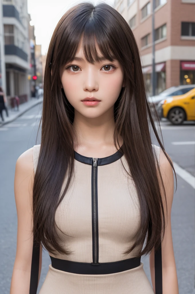 one girl, (a beauty girl, delicate girl:1.3), (12 years old:1.3), break, (Bodysuits:1.3), break, Very fine grain definition, (Symmetrical eyes:1.3), break, (Street view:1.3), break, Small breasts, Brown eyes, Parted bangs, Brown Hair, girl, break, (Eye and facial details:1.0), break, (masterpiece, Highest quality, Super detailed, Detailed face, 8K)
