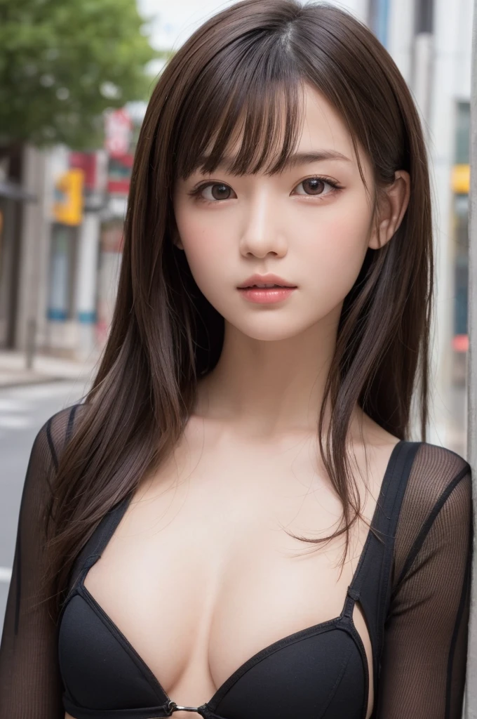 one girl, (a beauty girl, delicate girl:1.3), (:1.3), break, (Bodysuits:1.3), break, Very fine grain definition, (Symmetrical eyes:1.3), break, (Street view:1.3), break, Small breasts, Brown eyes, Parted bangs, Brown Hair, girl, break, (Eye and facial details:1.0), break, (masterpiece, Highest quality, Super detailed, Detailed face, 8K)