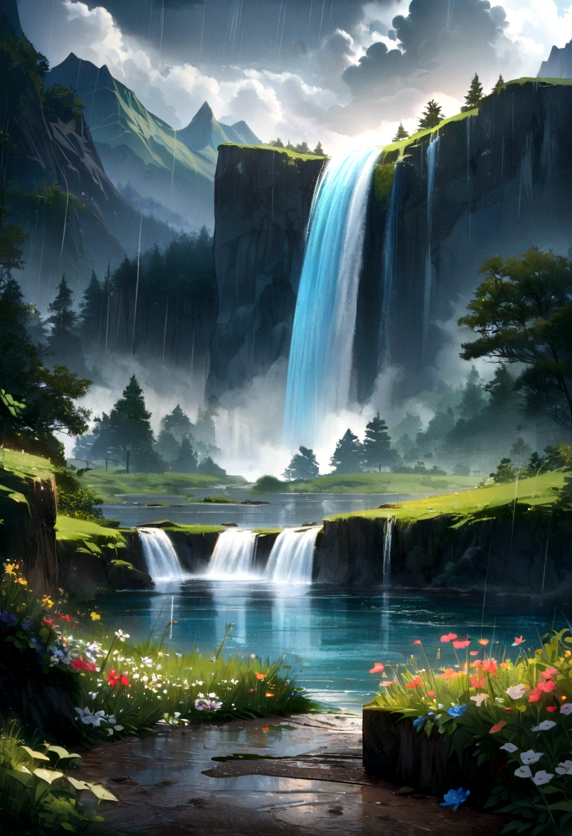 masterpiece, 最high quality, high quality, very detailedな CG ユニティ 8k 壁紙, sight, outdoor, Do not have, cloud, Do not have, There are no humans, mountain, sight, water, wood, blue Do not have, waterfall, cliff, nature, lake, river , cloudy skies, award-winning photography, bokeh, depth of written boundaries, high resolution, flower, chromatic aberration, photorealism, very detailed, Trends in Art Station, trend in CGsociety, complicated, high detail, dramatic, art on the road, Raining