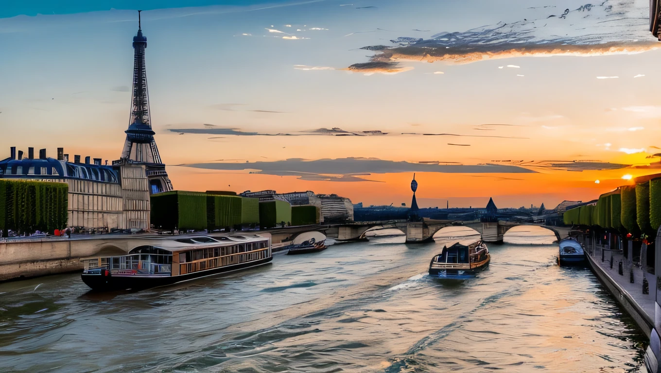 RAW photo of a landscape, small details, photorealistic, ultra-realistic photo, 8k uhd, dslr, soft lighting, high quality, film grain, Fujifilm XT3, (masterpiece), an urban sunset scene with the Eiffel Tower as the main focus. The Seine River flows, the Grande Mosquée de Paris is visible. The warm hues of sunset paint the sky in teal and orange. Boats like Bateaux Mouches sail on the river, adding to the vibrant atmosphere. 