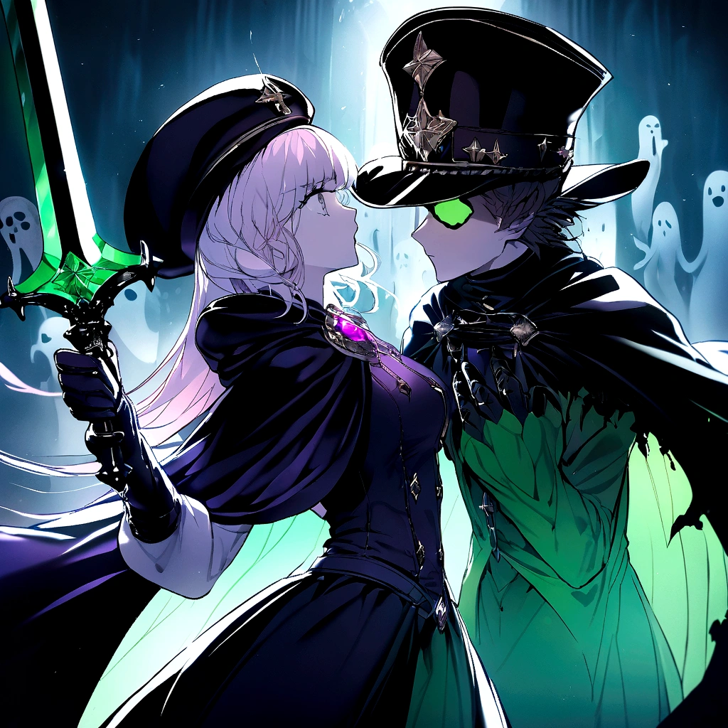 High quality large images，Second dimension，In the dark bay，A girl in a black cloak is standing face to face with a tall green translucent ghost captain on the deck..，Our perspective is third person..，You can clearly see two people facing each other.。The dead girl&#39;s hair is white，Eyes are purple，With an angry expression on his face, He looked at the captain，Girl wearing ragged black hooded cape，Wearing leather gloves，The girl holds a cross-shaped sword inlaid with purple gems，The tip of the sword is pointed at the translucent green ghost captain in front of him.，Ghost Captain holding a sword，Dressed as captain&#39;Captain and hat，Staring at the girl in front of me，The two have the same proportion