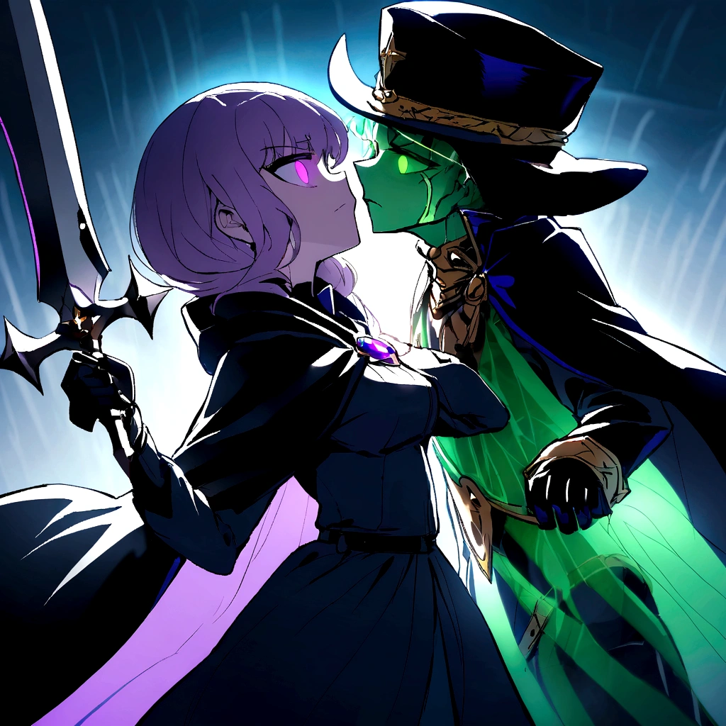 High quality large images，Second dimension，In the dark bay，A girl in a black cloak is standing face to face with a tall green translucent ghost captain on the deck..，Our perspective is third person..，You can clearly see two people facing each other.。The dead girl&#39;s hair is white，Eyes are purple，With an angry expression on his face, He looked at the captain，Girl wearing ragged black hooded cape，Wearing leather gloves，The girl holds a cross-shaped sword inlaid with purple gems，The tip of the sword is pointed at the translucent green ghost captain in front of him.，Ghost Captain holding a sword，Dressed as captain&#39;Captain and hat，Staring at the girl in front of me，The two have the same proportion