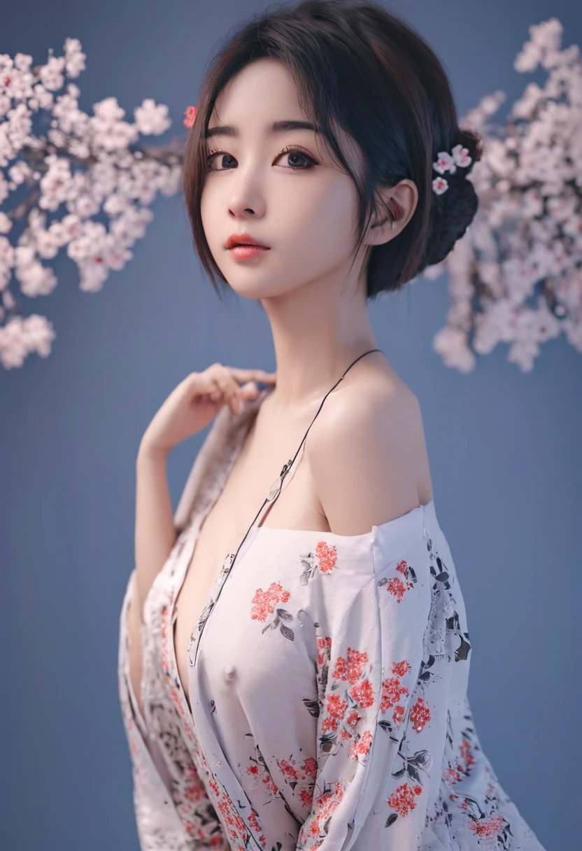 (Masterpiece, best quality, 8k RAW photo, photorealistic:1.37), 1girl, upper body, korean, light smile, short hair, brown hair, wearing glasses, medium breast,sexy asian girl, 1girl, japanese geisha, 20 years old, face close up, full body portrait, (geisha hairstyle), big brown eyes, nihongami, geisha makeup, modest look, seducing viewer, hearts, posing, sexy pose, solo, blue floral kimono, off shoulder, bonsai, sakura, cherry blossom, submission, sunset, flowers, plants, cinematic lightings , dynamic pose, seductive, flowers, garden, tree, dynamic lighting, detailed background, intricate detailed, finely detailed 