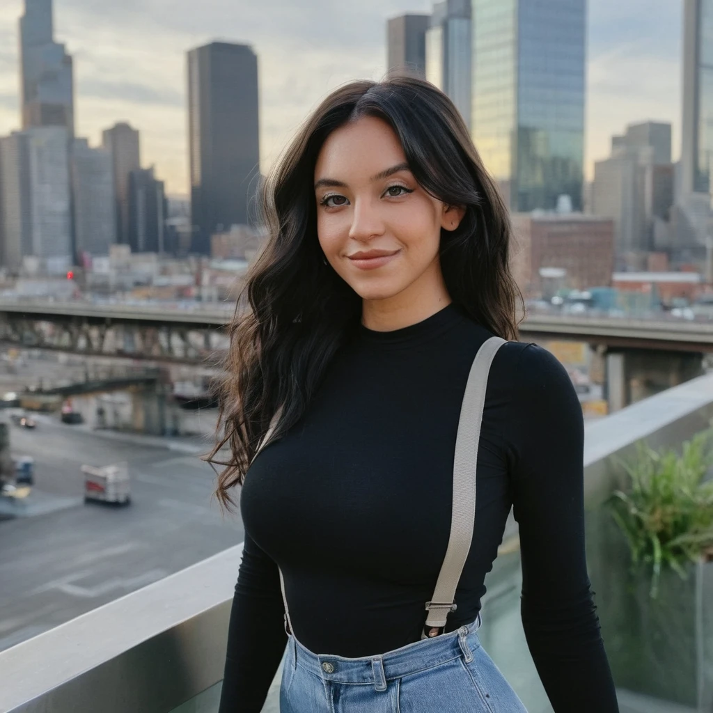 (front facing camera),(Skin Texture, pores, natural,iPhone,RAW)), natural lighting, Full body Photo of a woman wearing with wavy flowing black hair wearing a ((tight)) elastic full sleeve top and suspenders,looking straight at the camera and smiling, Nikon Z9, realistic matte skin, blurry city in the background,facing the camera