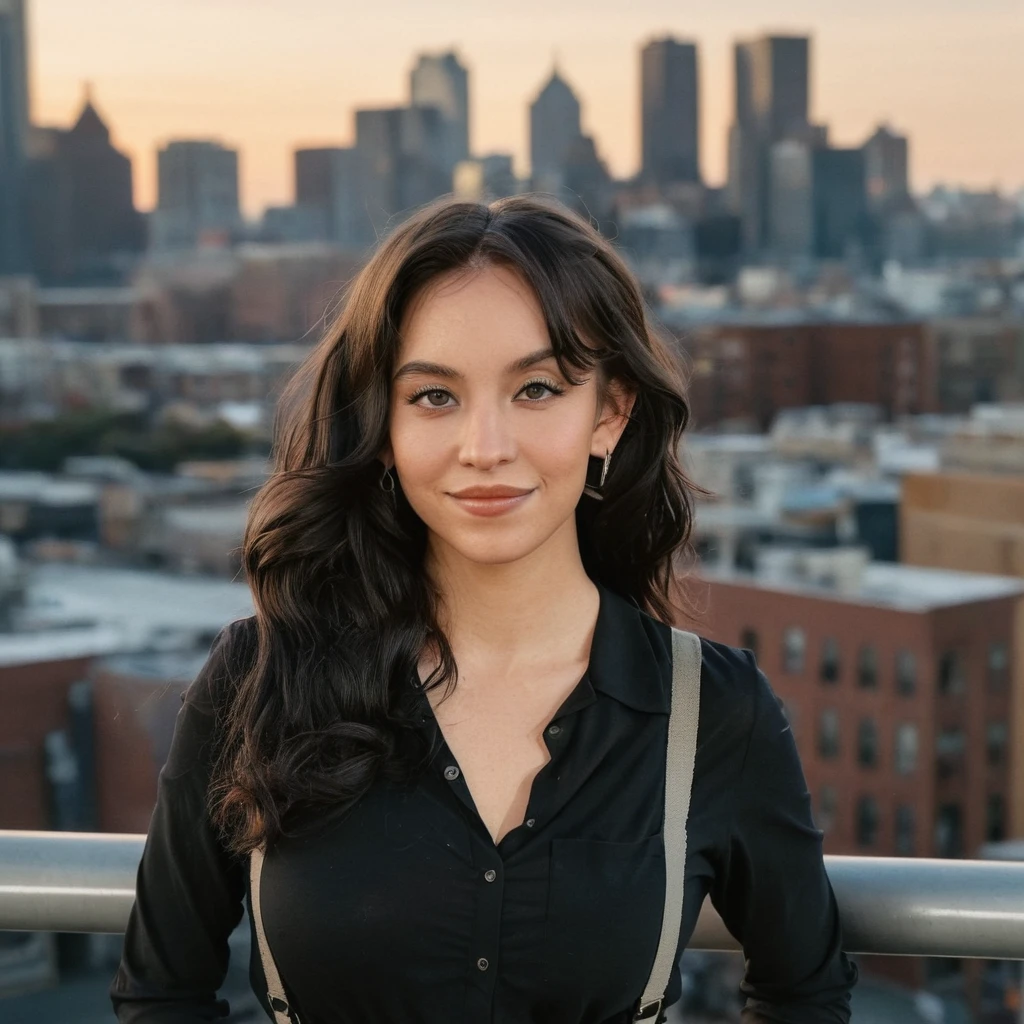 (front facing camera),(Skin Texture, pores, natural,iPhone,RAW)), natural lighting, Full body Photo of a woman wearing with wavy flowing black hair wearing a ((tight)) elastic full sleeve top and suspenders,looking straight at the camera and smiling, Nikon Z9, realistic matte skin, blurry city in the background,facing the camera