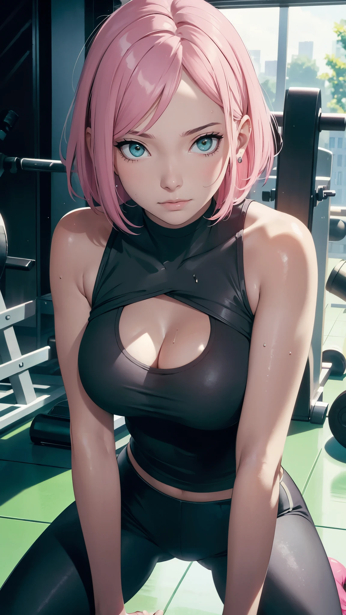  cleavage,one girl, middle , realistic face, detailed face, detailed eyes, realistic skin, Wet, gym, pink hair, short hair, realistic eyes, green eyes, black pants, blue t-shirt, sits on knees, horny face, gym, real photo, Reflectors, 8K masterpiece, super detail, film movie, best quality, best ditails, detailed face, forehead mark,from bellow