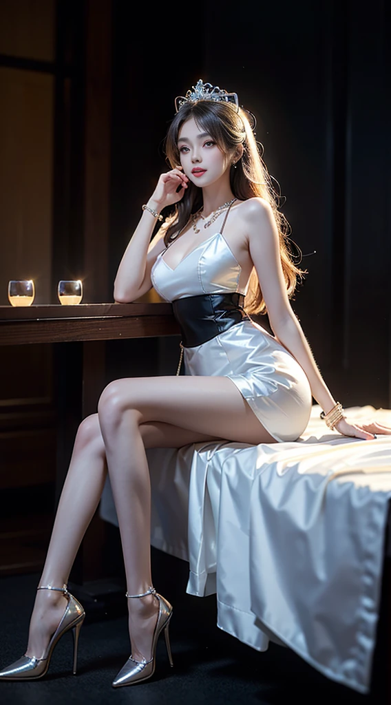 shinano role play costume, role play, High Leg Raise, High heel, transparent, Fox Tail, Many tails, ((whole body)), ((Shot from random angles)), ((Sitting)), ((In class, Sitting on the podium)), (yushuxin,1 Girl,Solitary), Clear face, Pretty Face, 8K, masterpiece, original photo, best quality, detail:1.2,lifelike, detail, Very detailed, CG, Unite, wallpaper, Depth of Field, light, lens flare, Ray Tracing, (Extremely beautiful face, Beautiful lips, beautiful eyes), complex, detail的脸, ((ultra detailed skin)), 1 girl, in the darkness, Deep Shadows, Beautiful Korean girl, Korean Idol,(Very slim figure:1.3), Full breasts, Large Breasts, Slender sexy legs, Very beautiful legs, Elegant Posture, (A bright smile), (City night, (Neon), (night), Beautiful Korean girl, White Diamond Earrings, Bracelet diameter, Deya Necklace, Clear eyes, (big eyes)