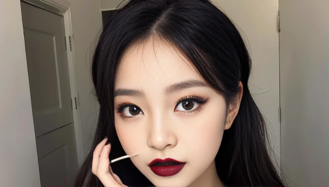 Kim Jennie with dark black hair, Put rollers on the ends of your thick black hair, Light-colored eyes, Beautiful Eyes, Watery eye, Beautiful upturned nose, Beautiful Lips, Pink Lips, Cupid shaped heart and lips, Beautiful Skin, pale, White skin, A soft pink blush on the cheeks, Natural pink blush, Dark gothic makeup, Gothic Jenny, There&#39;s a cute boy beside her, Next to her stood a cute Asian boy., As long as there is a human torso, His hand is on her chin., Handsome male hands, Goth Boy and, Beautiful Necklace, Marked collar, scowl, Angry expression, With kiss necklace, Beautiful kiss necklace, With nipples visible (Big breasted, Soft Breasts, Beautiful breasts, Natural Breasts), In a white dress, transparent short dress, Looks like a nipple, There&#39;s a boy beside you, With your boyfriend, Looking at the camera, auto photography