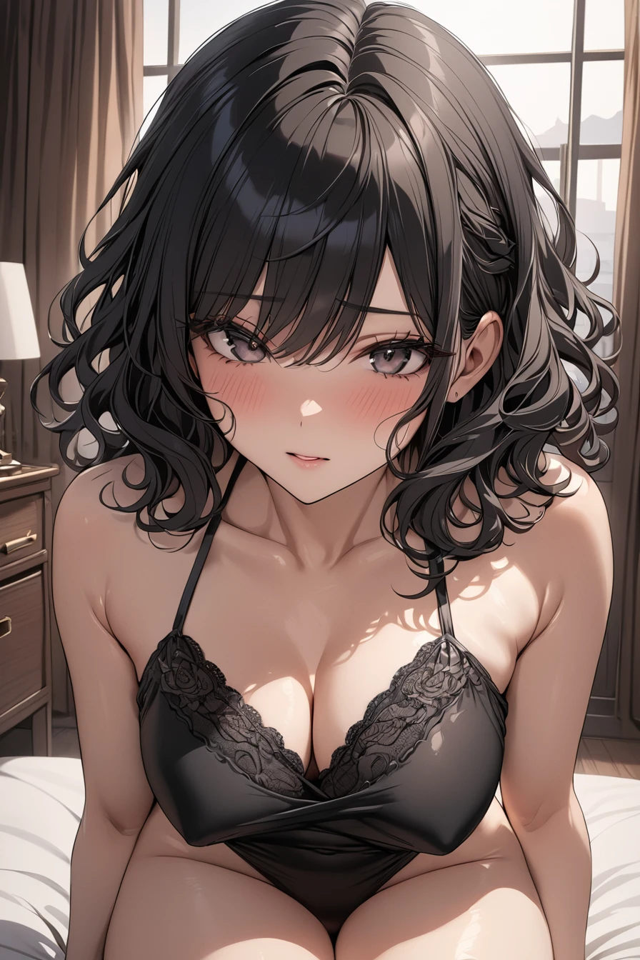 masterpiece,best quality,ultra detailed ,1girl ,black hair ,medium hair ,wavy hair スレンダーライン