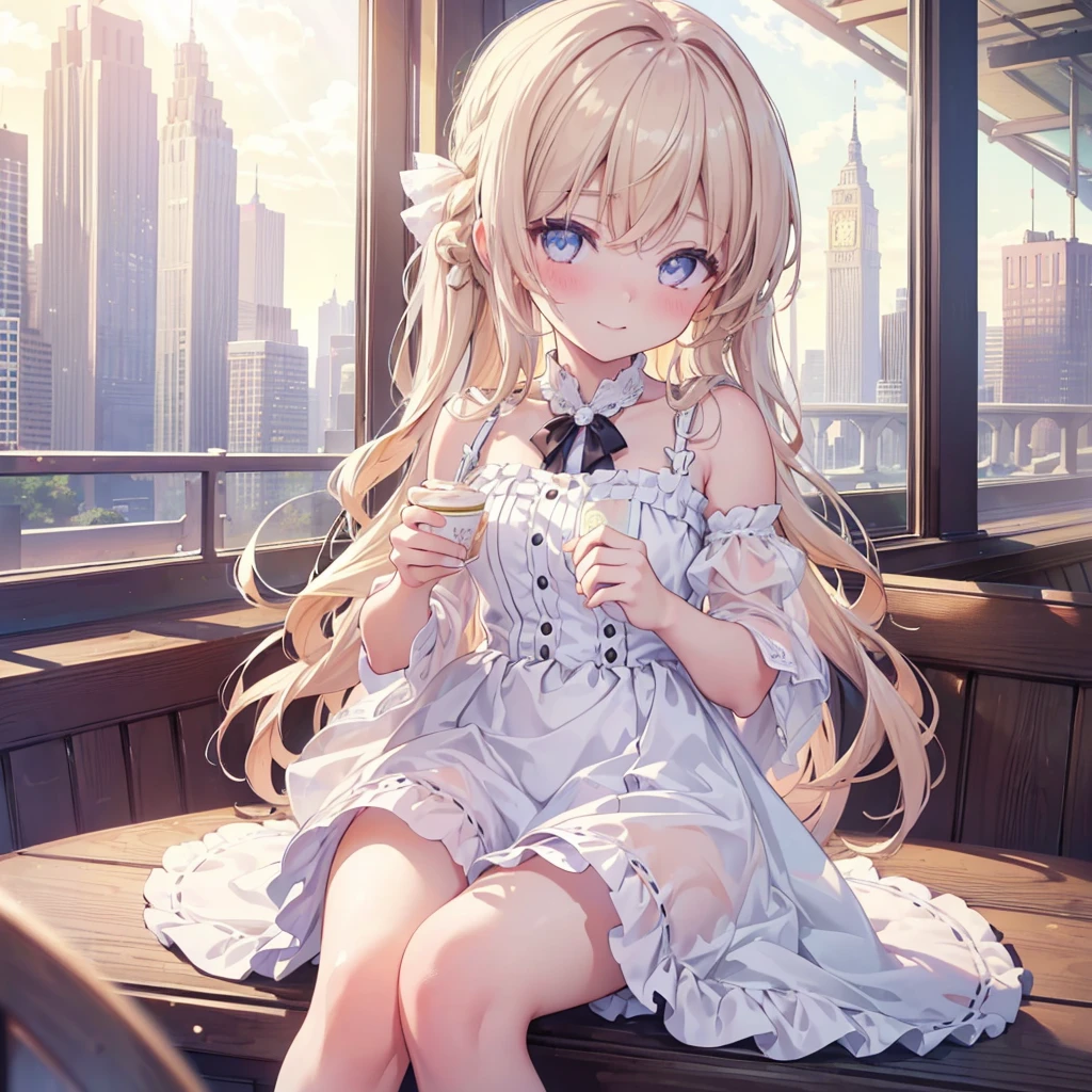1 girl, ((masterpiece)), ((best quality)), Amazing, beautiful detailed eyes, finely detailed, depth of field, extremely detailed CG unity 8k wallpaper, full body, teenage, sitting, cafe, blush, smile, (ultra-detailed),(detailed light), (sunlight),